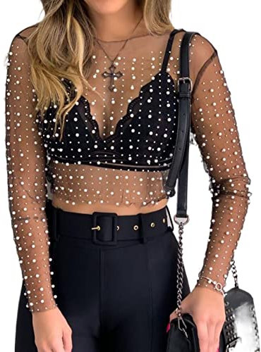 FeMereina Women's Sheer Mesh Long Sleeve Glitter Sexy See Through Blouses Round Neck Sequin Rhinestone Slim Fit Crop Tops (Black, XL)