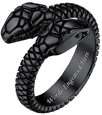 Bestyle Ring für Herren Männer Edelstahl Vintage Schlangenring mit Gravur Personalisiert Retro Statement Fingerring Gothic Ring mit Geschenkebox für Weihnachten Halloween Schwarz 64.7(20.6)