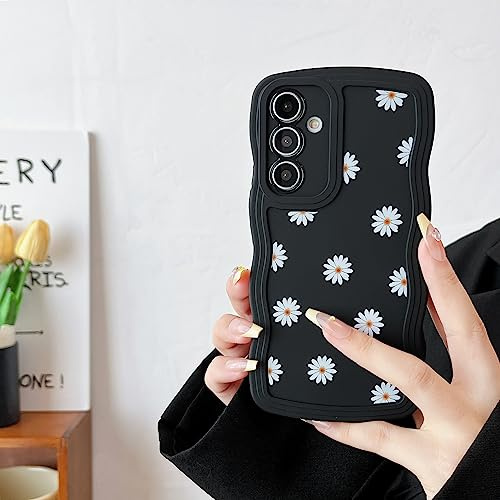 ZTOFERA Hülle für Samsung Galaxy A14 5G/4G, Niedliche lockige Wellen Rahmenform Gänseblümchen Muster Silikon Handyhülle, Flexible Stoßfeste Schutzhülle für Samsung A14 - Schwarz