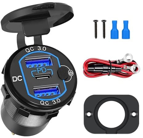 Linkstyle 12V USB Outlet, 56W Dual QC3.0 & PD Type C Car Charger, Waterproof Fast Charger Socket with Switch for Vehicle