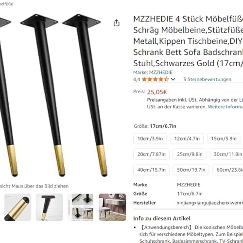 MZZHEDIE 4 Stück Möbelfüße,Konisch Schräg Möbelbeine,Stützfüße aus Metall,Kippen Tischbeine,DIY Ersatz für TV-Schrank Bett Sofa Badschrank Stuhl,Schwarzes Gold (40cm/15.7in)