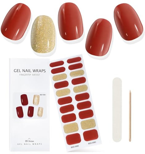 EBANKU Semi-Cured Gel Nail Strips, Red and Glod Gel Nail Strips Long Lasting Waterproof Strips Wraps Nail Stickers With Cuticle Stick, Nail File Perfect for Salon Manicures and Women/Girls