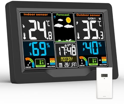 Stazione Meteo con Sensore Esterno, Stazione Meteorologica per Interni ed Esterni, Termometro Digitale Igrometro con Ampio Schermo LCD Display Sveglia Tempo Temperatura umidità Previsioni di Tempo