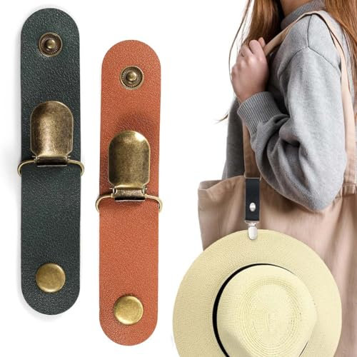PSOWQ Reise Hut Clips, PU Leder, Hut Clip für Tasche, Sonnenhut Clips für Reisen, multifunktionaler Huthalter, Damen, Herren, Schwarz, Braun 2 Stück