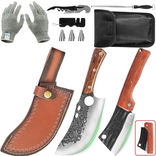 FULLHI Cuchillo de Carnicero Portátil de Acero al Carbono Forjado Juego de Cuchillos de Chef Plegables para Outdoor Camping Barbacoa (6.5''Butcher Knife and 4.5''Folding Chef's Knife)