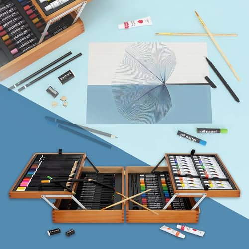 ECD Germany Estuche de Pintura 127 Piezas Maletín Portátil Doble de Madera para Dibujo Artistico Principiantes y Profesionales Caja Completa con Rotuladores, Lápices, Colores Pastel y Acrílicos