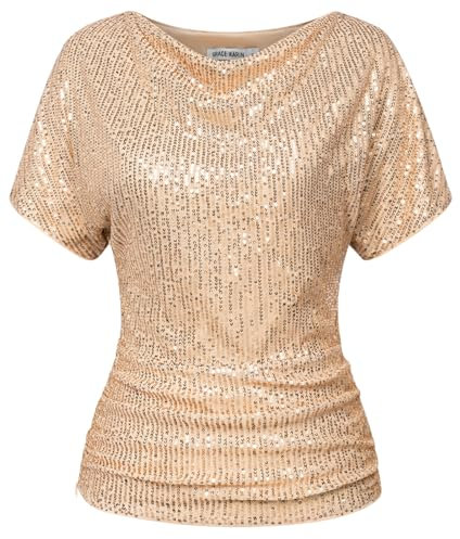Frauen Gold Pailletten T-Shirt für Party Kurzarm Glitter Party Bluse Pailletten Oberteile Aprikose S