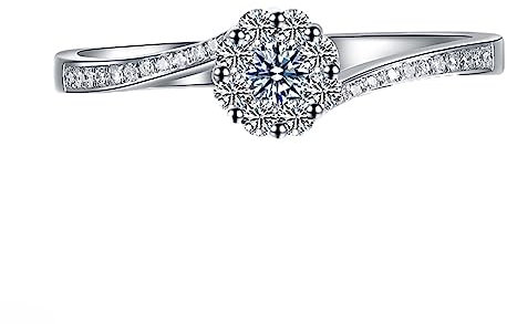 Gold Ringe Frauen 18 Karat, Damen Ringe Verlobung Blume Labor Geschaffener Diamant 0.07ct Runde Form Weiß Eheringe Größe 50 (15.9) 750 Weißgold