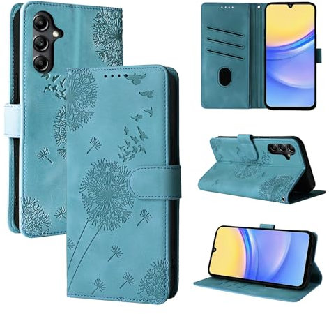 Rostsant Handyhülle für Samsung Galaxy A15 4G/5G - Löwenzahn PU Leder Flip Case Brieftasche Tasche Hülle Magnetisch - Blau