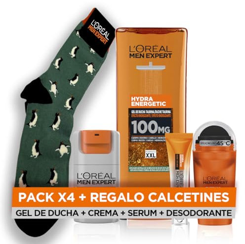 L'Oréal Men Expert Hydra Energetic Crema Hidratante Anti-Fatiga 24 h, Roll-On Ojos Efecto Hielo Anti-Bolsas y Anti-Ojeras, Gel de Ducha Hombre Hydra Energetic.