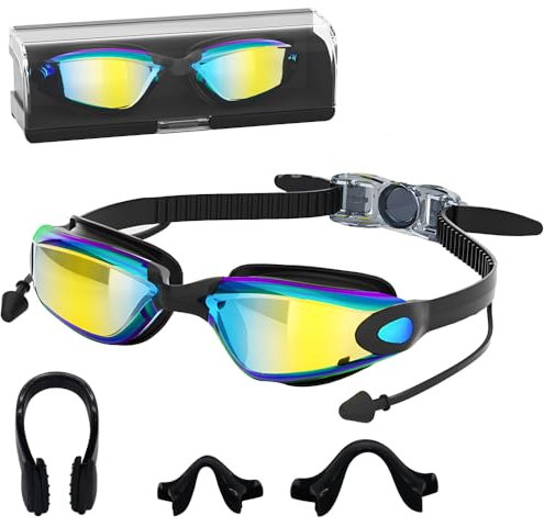 OBEST Occhialini da Nuoto, Occhialini da Nuoto a Specchio per Adulti Antiappannamento e anti-UV, Ponte Nasale Sostituibile, Tappi per le Orecchie Monopezzo, Adatti a Donne e Uomini