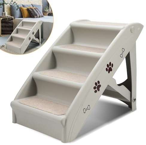 Jiubiaz Hundetreppe Klappbare Haustiertreppe 48,5cm Hoch, 4-Stufig Faltbare Katzentreppe, Hunderampe, Maximale Belastung 75kg, Tiertreppe mit Rutschfester Matte für Hunde und Katzen (grau)