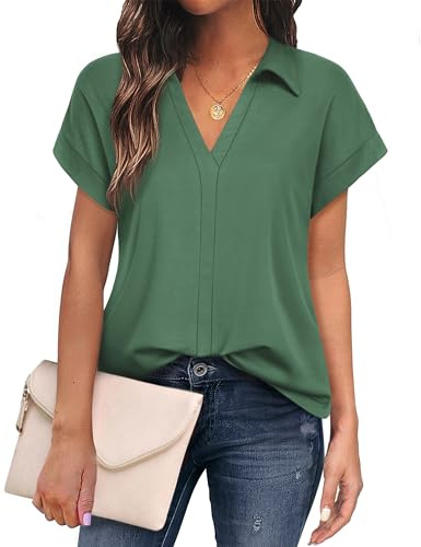 Gaharu Blusen Damen Sommer, Kurzarm Formelle Oberteile Business Casual Outfit Schicke Oberteile Sommerblusen Damen Leicht und luftig Bekleidung für Damen Grün, XL
