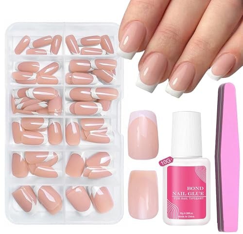 240PCS Press on Nails French Tip - French Manicure False Nails - Medium Square Nail Tips and Glue Stick on Nails - White French Tip Fake Nails - Full Cover Acrylic False Nail Kit