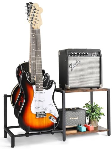 Guitar Stand Floor, 3-Holder Electric Bass Guitar with Guitar Amp Stand, Adjustable Guitar Holder, Guitar Rack for Multiple Guitars and Guitar Accessories, Guitar Display for Music Studio Home