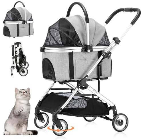 Joyfultails Hundewagen 3 in 1 Hundebuggy Bis 20kg, Hundewagen Katzenwagen Faltbarer Hundebuggy mit abnehmbarer Hundetragetasche, für kleine bis mittlere Hunde und Katzen, Grau