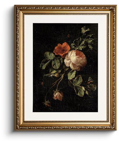 HUARCEY Leinwand Bilder mit Gold Rahmen, Vintage Wandbilder, Klassisch Wand Deko Wohnzimmer Schlafzimmer Badezimmer Küche, Bauernhaus Zimmer Deko Aesthetic, Rose Blumen Painting, 33x40cm, klein