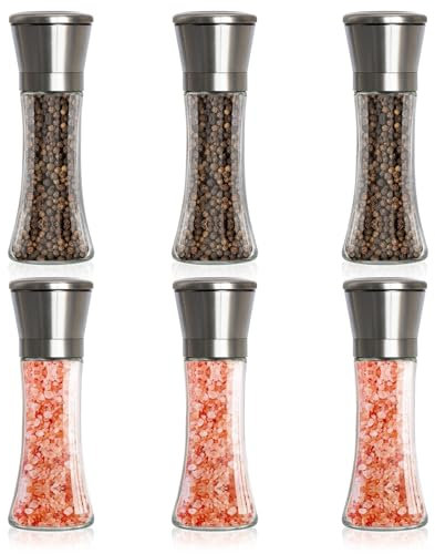 Shoze Gewürzmühle 6er Set Manuelle Edelstahl Salz und Pfeffermühle Set Transparent Keramikmahlwerk mit Abdeckung für Gewürzmahlen ?Edelstahldeckel 200ML?