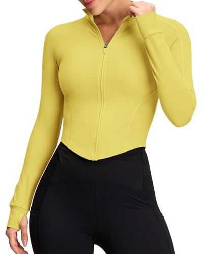 QUEENIEKE Sportjacke Damen Atmungsaktive Leicht Enge Laufjacke Mit Reißverschluss für Yoga Gym Daumenloch Sportoberteil gelb M
