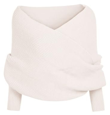 Pull femme chic et elegant col v casual pulls cache coeur croisé épaules dénudées sexy chandail manche longue tricot leger pullover fantaisie couleur unie décontracté ideal (White, One Size)