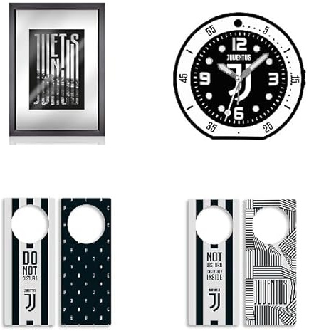 Juventus Rahmenspiegel mit Box, Grafik Logo, Kinder und Jugendliche + 2 Türmarker, Digitaldruck, Geschenkidee + Quarzwecker, Schwarz , Taglia Unica