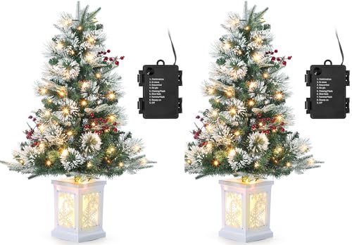 2 unidades de árbol de Navidad artificial de 90 cm con 70 luces LED de luz blanca cálida, 8 modos ajustables, agujas de PVC, sistema plegable