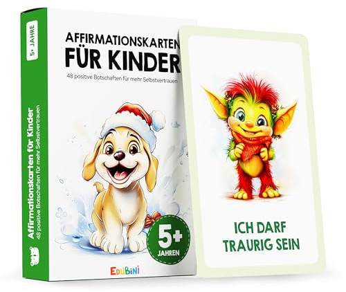 Edubini 48 Affirmationskarten Kinder - Umgang mit Gefühlen lernen mit Gefühlskarten für Kinder [Pädagogisch Wertvoll] - Achtsamkeitskarten, Mutmacherkarten, Selbstbewusstsein stärken