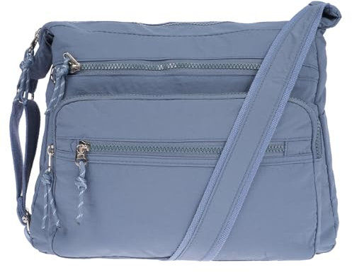 Christian Wippermann Nylon Umhängetasche Damen Groß - Mittelgroß mit Zwei Hauptfächern - Verstellbarer Trageriemen bis 150 cm - Reißverschlussfächer - Tasche mit Vielen Fächern - 30x26x12 cm Hellblau