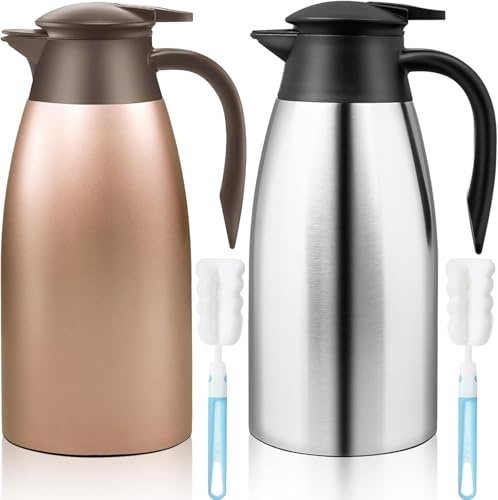 2 Pack 2L Thermal Coffee Carafe, Double Walled Vacuum Insulated Jug, Coffee Pot with Press Button Top, Stainless Steel Thermal Jug, Keep Hot & Cold Water (Silver, Rose Gold)