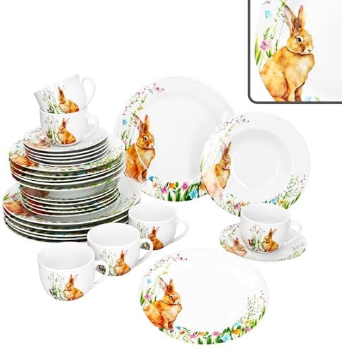 MamboCat Osterfreude Service de table 30 pièces en porcelaine printanier avec décor lapin de Pâques pour 6 personnes I 6 coquetiers, 6 gobelets, assiettes à gâteau, assiettes creuses et assiettes