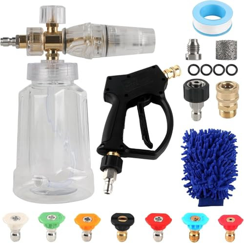 NewBEP High Pressure Washer Short Gun, Foam Cannon Kit con connettore rapido da 1/4, 5000 PSI, lega di alluminio, per lavaggio auto, Snow Foam Lance, 7 colori Nozzles