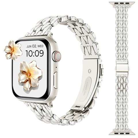 Stainless Steel Straps for Apple Watch Strap 49mm 46mm 45mm 44mm 42mm, Luxury Slim Metal Bands Bracelet for Women Wristband iWatch Series 11 10 9 8 7 6 5 4 3 2 1 SE3 SE2 Ultra 3 2 1, Starlight