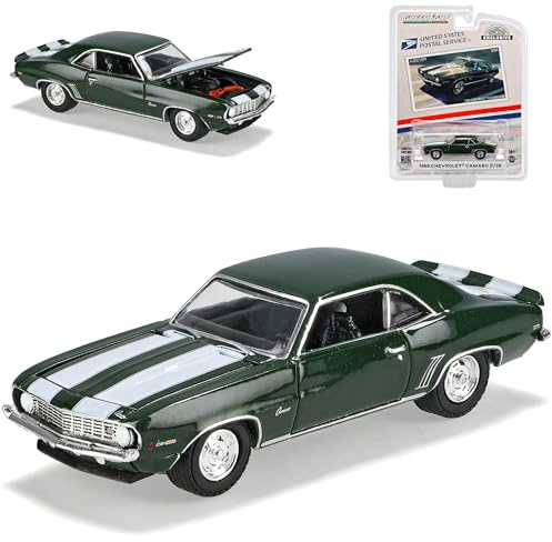 alles-meine.de GmbH Chevrolet Chevy Camaro Z/28 Coupe Grün mit Streifen in Weiss 1. Generation 1966-1970 1/64 Greenlight Modell Auto mit individiuellem Wunschkennzeichen