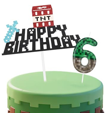 mciskin Cartoon Game 6th Birthday Candles,Video Game 6th Birthday Decorations for Boy Girl,Green Number 6 Candle for Cake,Pixel Gaming Themed Cake Decorations for Boys Girls Birthday Party Supplies
