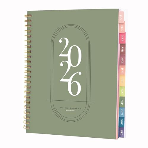 Rileys Terminplaner 2026, Studienplaner, Wochenplaner, eleganter Terminkalender 2026, Planer mit Registertabs, Notizseiten, Schulplaner, Buchkalender & Jahreskalender (Grün, 20 x 15 cm, Deutsch)