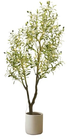 Thaookte Olivenbaum Künstlich, LED Baum Lichter Mit Timer, 180cm Lichterbaum Künstlichen Grünen Blättern, 50 LED Warmweißer Baum Licht Für Weihnachten, Innen Deko, Batteriebetrieben
