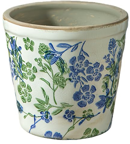 SYDDOL Maceta de cerámica rústica retro con agujero de drenaje, maceta decorativa vintage para interiores con esmalte agrietado y diseño floral pintado a mano, maceta rústica para el hogar y el jardín