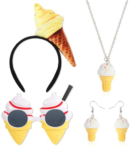 HOWAF Eiscreme Kostüm, Lustige Eistüte Haarreif Karneval, Eistüte Ohrringe, Halskette, Sonnenbrille für Eiscreme Karneval Kostüm Accessoires, Fasching, Faschingskostüme