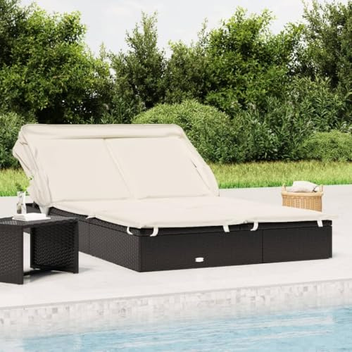 FUDUGEHMIOFWFJJ Transat 2 Places avec Toit Pliable, Lit de Jardin Double Noir pour Piscine et Balcon, Siège Réglable en Rotin PE et Acier, 213x118x97 cm, Inclus 2 Coussins