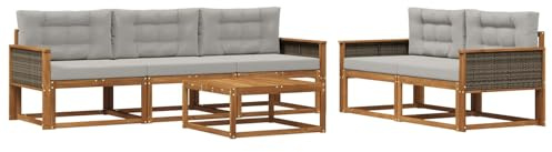 vidaXL Outdoor-Sofagarnitur mit Kissen 6 pcs Natur und Hellgrau, Hochmodernes Gartenmöbel Set, Sofakollektion für draußen, Lounge für Garten, Poolbereich Sitzgruppe