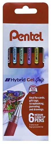 Pentel Hybrid Gel Grip Rollerball Pen 0.6mm Tip 0.3mm Line Black pkg of 6 Assorted Metallics