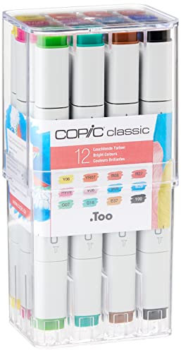 COPIC Classic Set Leuchtende Farben, 12er Set im Acryl-Display, Twin Marker mit einer mittelbreiten und einer feinen Spitze