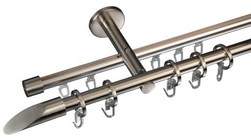 Liedeco Gardinenstange Vorhangstange Stilgarnitur Cut | 16 mm Ø (Edelstahl-Optik, 240 cm 2lfg Innenlauf)