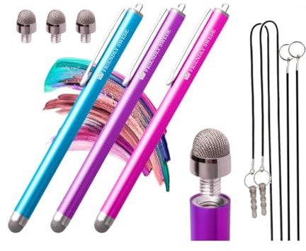 The Friendly Swede Stylets pour Tablette, Smartphone, Ecran Tactile avec Pointe Remplaçable en Microfibre - Garantie A Vie (Lot de 3 Stylos) (Rose Vif + Bleu Clair + Violet)