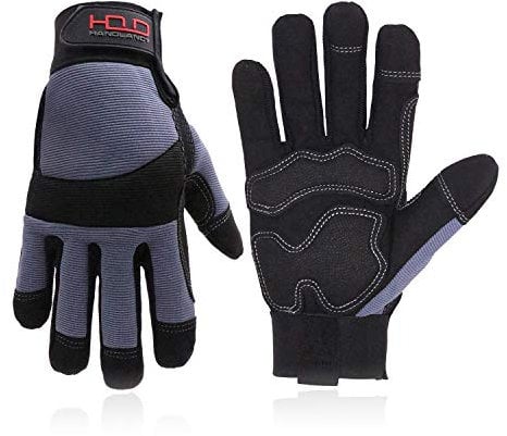HANDLANDY Anti Vibration Safety Work Gloves for Men Women, Breathable Flexible Spandex Back, Touch Screen Utility Glove (Large, Grey)