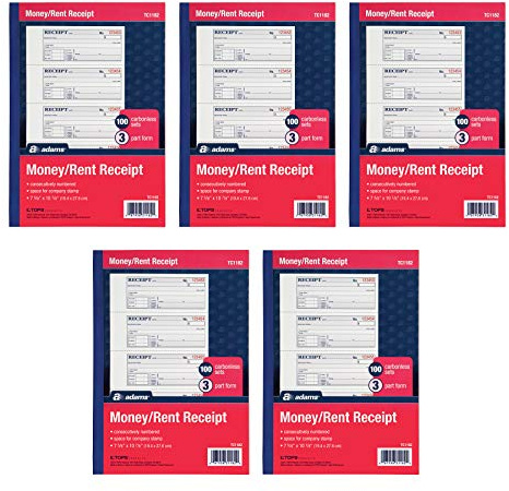 Adams Money and Rent Receipt Books, 3-Part Carbonless, 7-5/8 x 10-7/8, Bound Wraparound Cover, 100 Sets per Book, 4 Receipts per Page, 5 Books per Pack (TC1182-5)