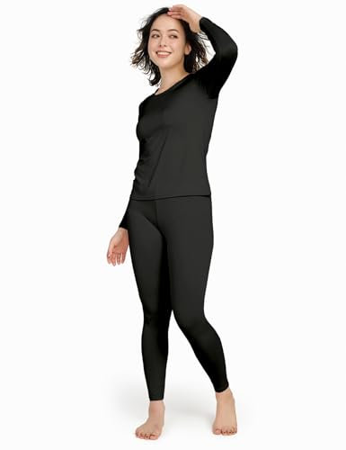 LAPASA Damen Innenfleece Thermounterwäsche Set, Thermooberteil & Thermohose Leggings Funktionsunterwäsche Sets, L17 Schwarz, 100 Warm, L