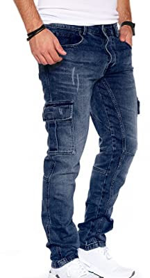 Styleko Herren Cargo Jeans - Regular Slim Fit Denim Destroyed Jogger Freizeithose für Männer Jungen - 7 Taschen Stretch Pants 8004 (Dark Blue-Guertel, 32)
