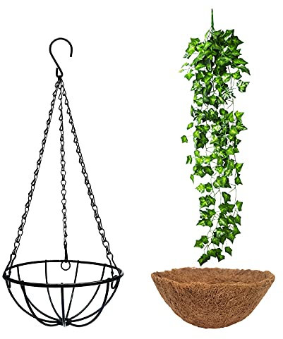 2 x Hängekorb mit Kokosnuss-Auskleidung, künstlicher Efeu, Blumentöpfe mit Kette, 20 cm hängende Pflanzkörbe für Haus und Garten Dekoration