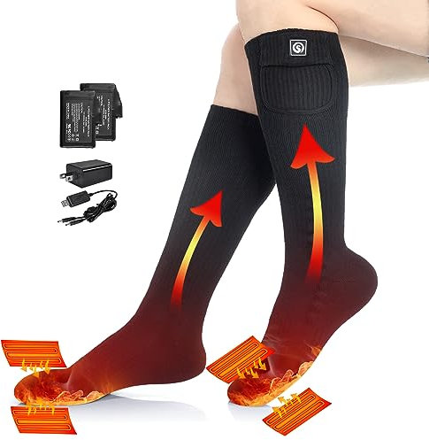 Chaussettes chauffantes pour Homme et Femme, SAVIOR HEAT Chaussettes de Ski Longues et épaisses avec Batterie Rechargeable électrique pour l'hiver la randonnée Camping Moto Cyclisme Courir (XL)